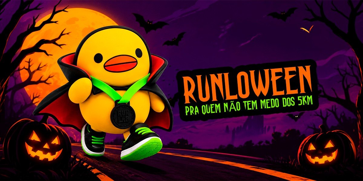 Runloween: o pato da RunLab vestido de vampiro, com medalha no peito, correndo numa noite de Halloween. Pra quem não tem medo dos 5 km.